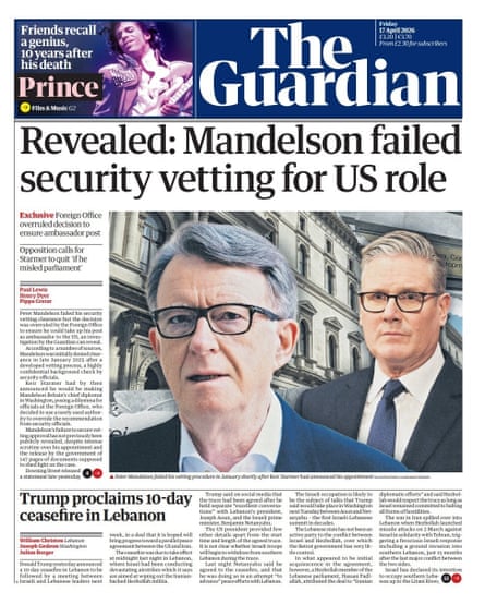 Guardian front page 17 April 2026