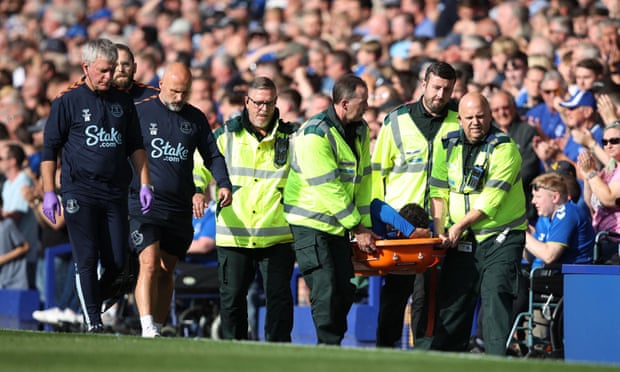 Everton's Ben Godfrey carried off on a stretcher.
