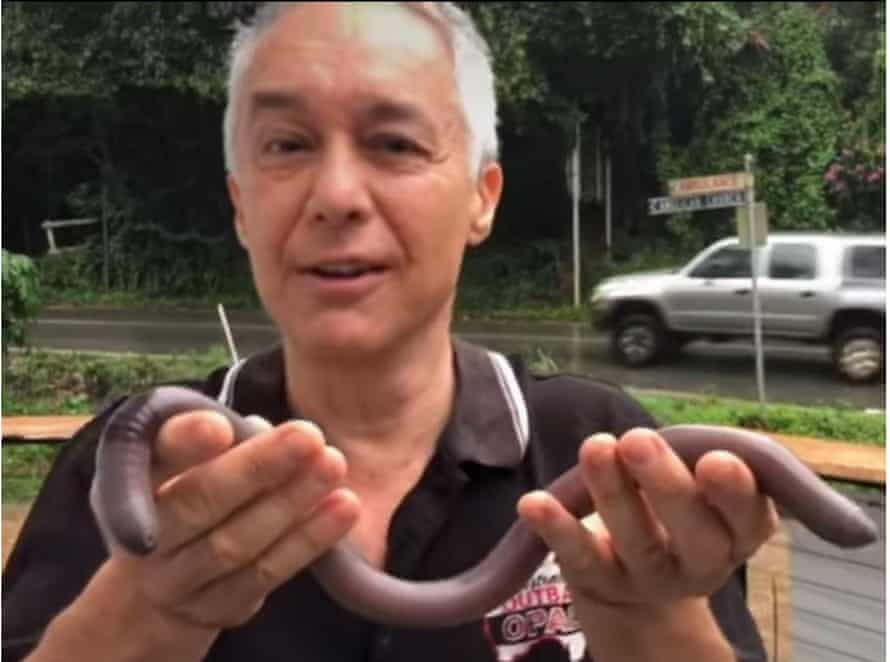Tall Trees Motel owner Darren Jack with a giant earthworm he found on the property Tuesday morning.