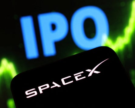 Illustration shows SpaceX logo, the word ‘IPO’ and a rising stock graph