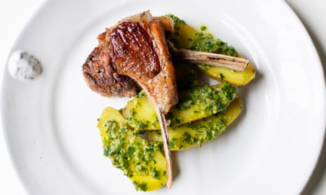 Dressing for spring weather: lamb cutlets, boiled potatoes, salsa verde.