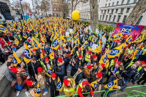 Civil servant members of the PCS union, who have been on strike today, holding a rally in Downing Street as the budget was being delivered.