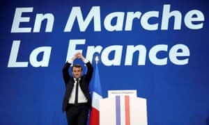 Emmanuel Macron celebrates after partial results in the first round of 2017 French presidential election.