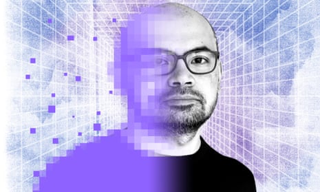 Demis Hassabis transforming into pixelated data