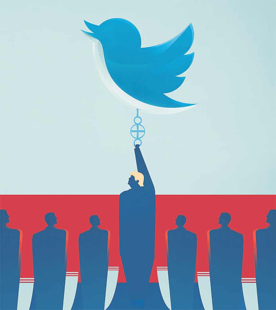 Illustration by Matt Murphy of Donald Trump holding up a giant Twitter logo.