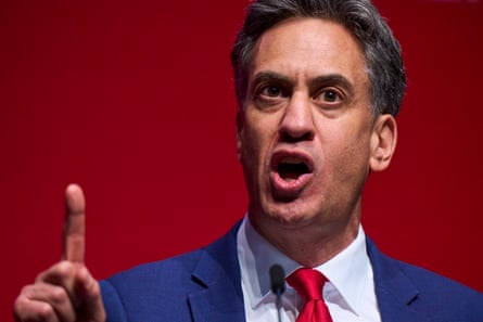 Closeup of Miliband making a point in his conference speech