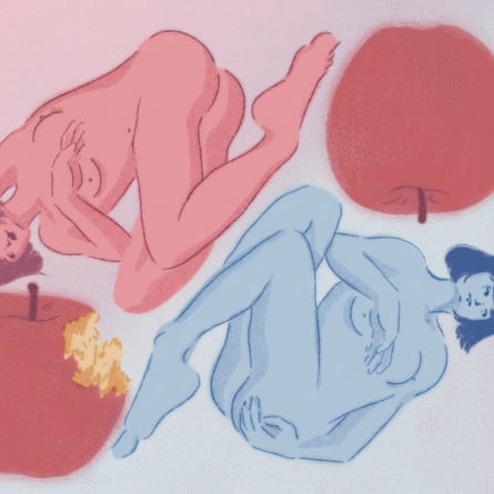 Illustration of a red woman and blue woman, both naked, lounging next to each other alongside giant apples