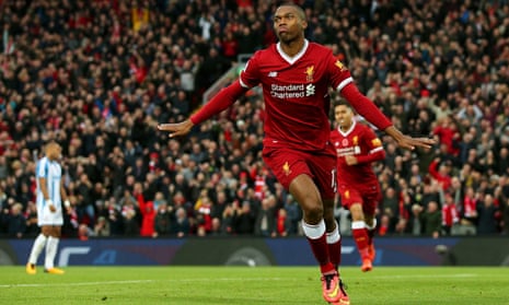 Daniel Sturridge celebrates after scoring Liverpool’s first goal against Huddersfield.