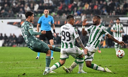 Brennan Johnson scores Tottenham’s second gaol against Ferencvaros.
