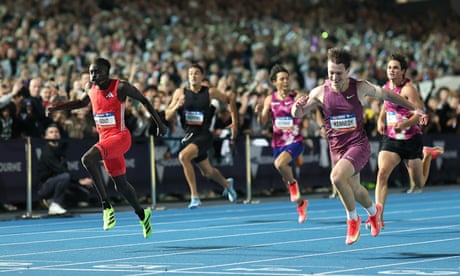 Lachie Kennedy (right) beats Gout Gout to win the men’s 200m at the Maurie Pant Meet in Melbourne