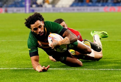 Australia’s Josh Addo-Carr scores his side’s seventh try, and his fourth of the game.