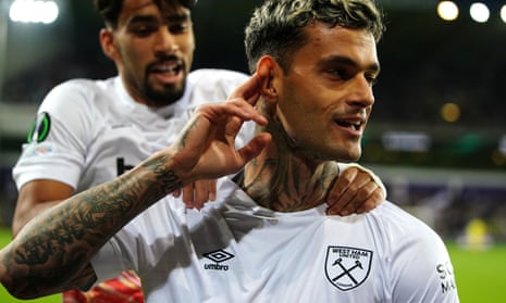 West Ham United's Gianluca Scamacca celebrates scoring their side's first goal of the game during the UEFA Europa Conference League match at Anderlecht.