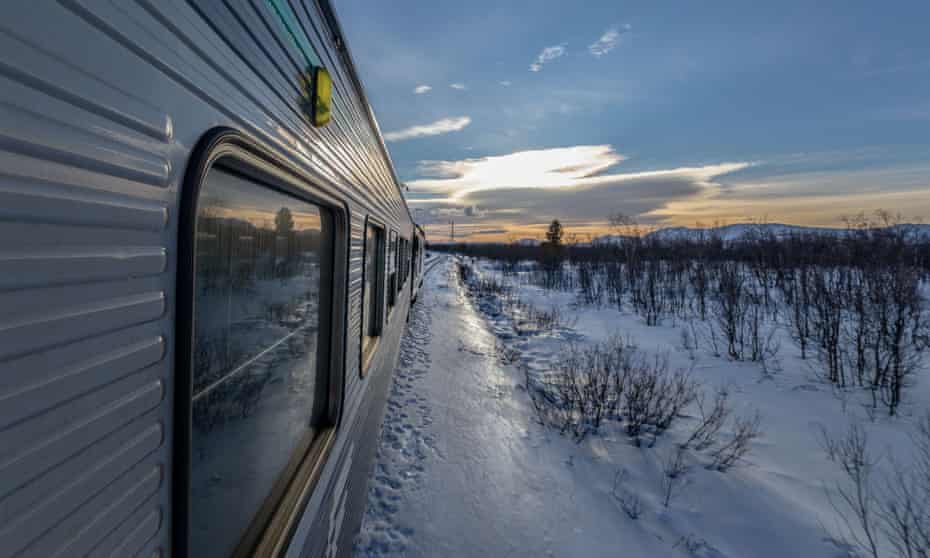 A  snowy landscape view from the Stockhokm to Narvik sleeper train.