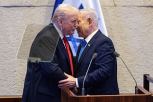 Donald Trump, the US president, and Benjamin Netanyahu, the Israeli prime minister, greeting each other at the Knesset