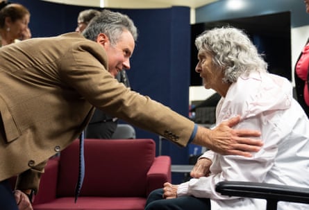 Longueuil police detective Eric Racicot speaks with Sharron Prior’s mother, Yvonne, on 23 May 2023 in Longueuil, Quebec.