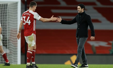 Mikel Arteta shakes hands with Granit Xhaka after Arsenal’s 3-1 win over Chelsea on Boxing Day.