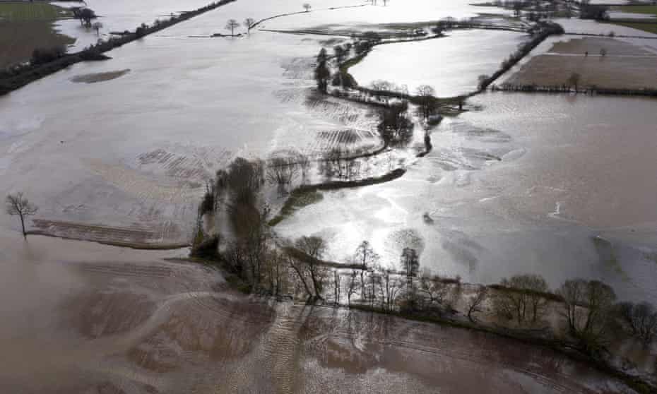 Flooded fields seen following Storm Dennis near Marden, Herefordshire