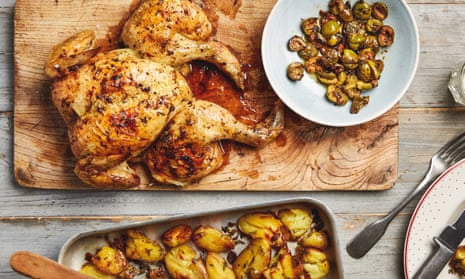 Thomasina Miers’ spatchcocked lemon chicken with roasted green olives, thyme and potatoes.