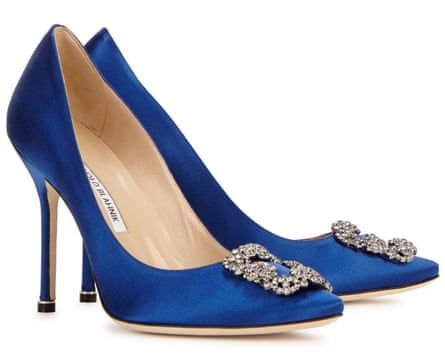 A pair of blue satin and brooch bejewelled Hangisi pumps