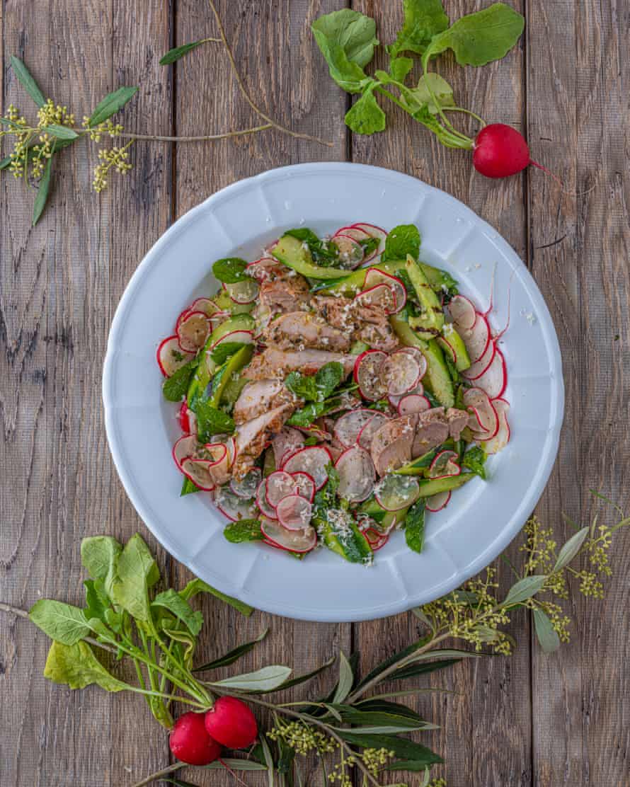 ‘If it’s raining, I’d make this in a pan indoors’: barbecue pork salad.