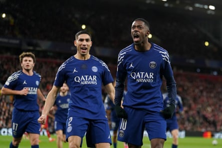 Ousmane Dembélé reacts after scoring against Liverpool for PSG.