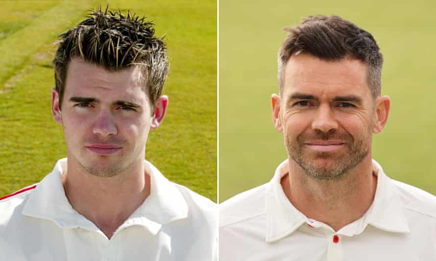 Then and now: A young Jimmy Anderson (left) before making his first-class debut in 2002, and (right) England’s record wicket-taker at Lancashire on Monday.