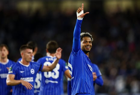 Brighton and Hove Albion's Georginio Rutter celebrates scoring their first goal after a VAR review.