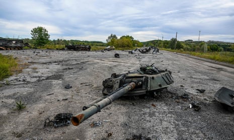 A destroyed military tank in Balakliya, Kharkiv, on Saturday