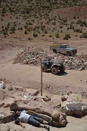 Dr Diego Pol poses with the excavated femur at the site near La Flecha, Patagonia.