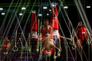 This multi-exposure photograph shows an athlete competing in the rings during the men’s individual apparatus final at the Artistic Gymnastics European Championships in Rimini, Italy