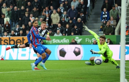 Harvey Barnes scores past Newcastle’s defender and goalkeeper