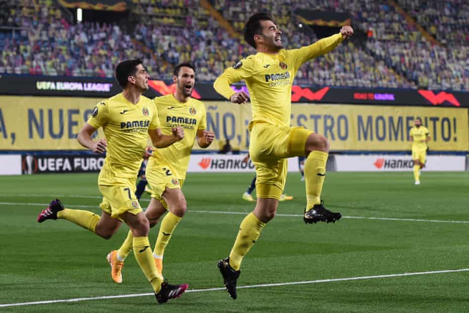 Manu Trigueros leaps for joy after scoring for Villarreal against Arsenal last Thursday.