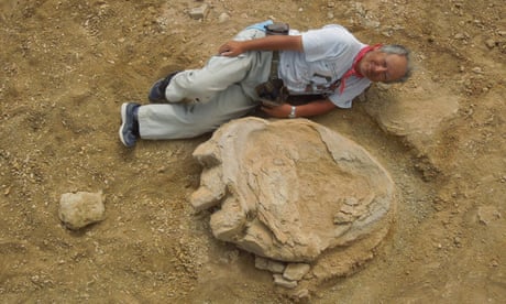 Okayama University of Science professor Shinobu Ishigaki lies next to the footprint in the Gobi desert.