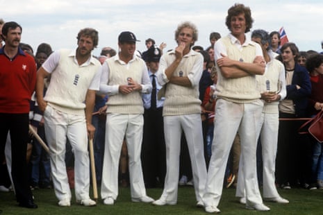Boycott, Brearley, Botham, Gower and Willis wait with Graeme Yallop.