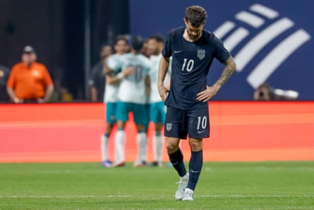 Christian Pulisic of the USA reacts after Portugal celebrates scoring its 1-0 goal during the first half of the international friendly match between the USMNT and Portugal at Mercedes-Benz Stadium in Atlanta, USA, 31 March 2026.