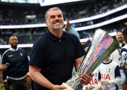 Then Tottenham Hotspur manager Ange Postecoglou with the Europa League trophy