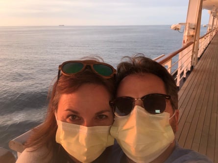 Laura and her husband, Juan Huergo. Passengers were allowed 30 minutes to walk on Wednesday, the first time the couple had left their cabin in three days.
