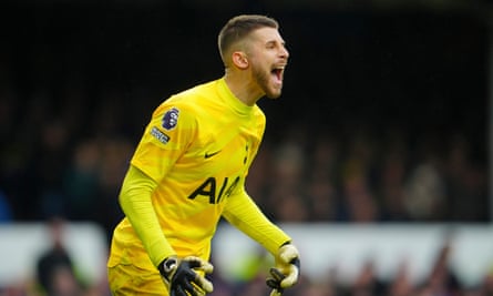 Tottenham’s goalkeeper Guglielmo Vicario shouts