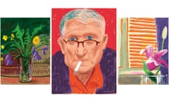 A vivid iPad still life of dandelions, buttercups and violets; a red- and purple-toned iPad self-portrait of David Hockney smoking a cigarette, wearing glasses and looking directly at the viewer; still life of a pink lily in front of a window with its blinds drawn.