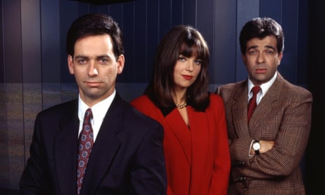 Rob Sitch as host Mike Moore, Jane Kennedy and Tiriel Mora as reporters Brooke Vandenberg and Martin di Stasio in the ABC TV comedy series Frontline