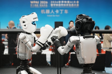 A Unitree G1 humanoid robot competes in robot combat at the 2026 World Physical AI Conference in Hangzhou in October.