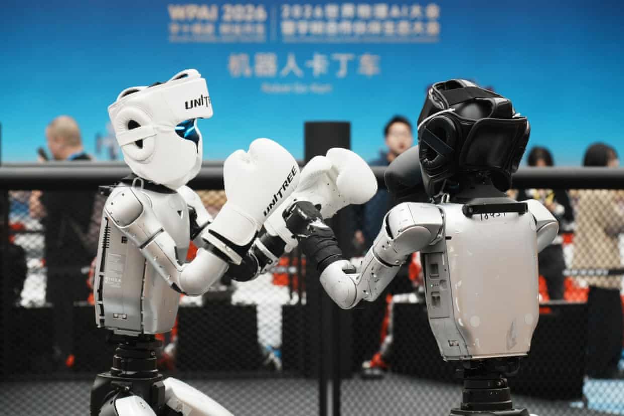 A Unitree G1 humanoid robot competes in robot combat at the 2026 World Physical AI Conference in Hangzhou in October.