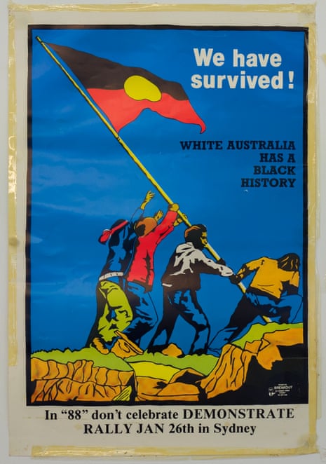 This poster was produced in 1988 around the bicentenary of the arrival of the First Fleet in Australia. The image was created in 1977 by Australian artist Chips Mackinolty as a land rights poster. He later gave permission to fellow artist Peter Chester to use the image to promote a January 1988 rally, as detailed in this poster. Mackinolty initially took inspiration from Joe Rosenthal’s iconic 1945 photograph Raising the Flag on Iwo Jima, which depicts six United States Marines raising a US flag atop Mount Suribachi during the Battle of Iwo Jima in WWII.