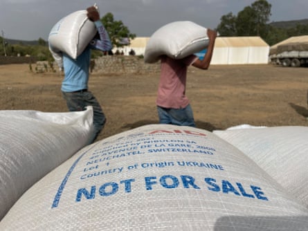 Sacks of food aid in Ethiopia