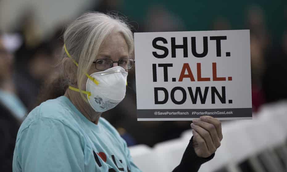 A protester at a public hearing before the South Coast Air Quality Management District in southern California. The Aliso Canyon leak has spewed 80,000 metric tons of methane since October, displacing thousands. Now experts say smaller, more frequent leaks across the US pose a greater threat