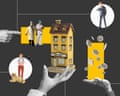 A graphic image of a veterinary practice, a customer and dog, an investor, money, and bar charts