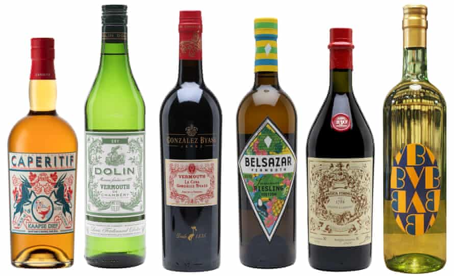 Six bottles of varying vermouths.