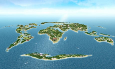 A CGI view of The World in Dubai - 300 islands shaped like a world map.
