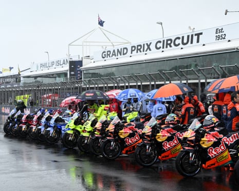 Bikes lined up on the main straight after the Australian MotoGP race was called off due to bad weather in the final race at to be held at Phillip Island.