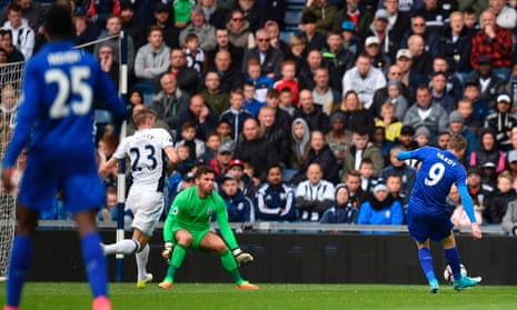 Leicester striker Jamie Vardy scores what turned out to be his side’s winning goal against West Brom at The Hawthorns.